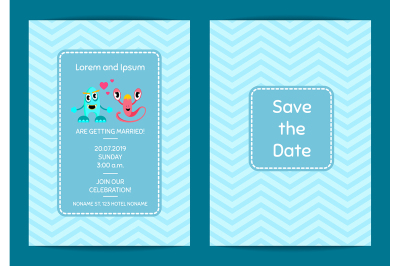 Vector save the date wedding invitation template with cute monster