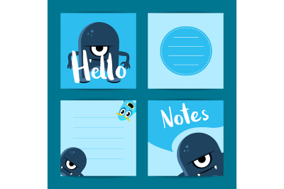 Vector square note cards set with cute cartoon monsters