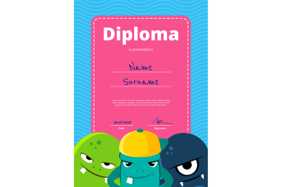 Vector children diploma or certificate with cute monsters 