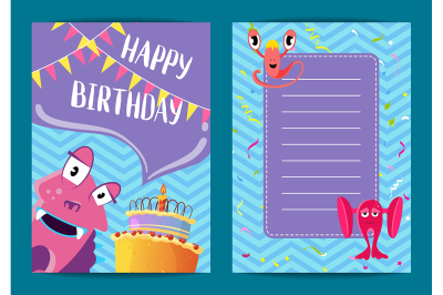 Vector happy birthday card template with cute cartoon monsters&2C; cake