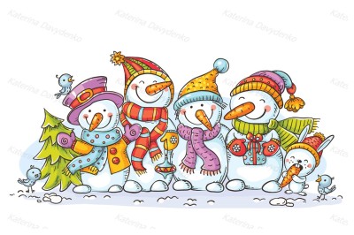 Happy colorful snowmen with Christmas ornaments