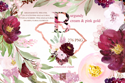 Burgundy cream & gold pink watercolor flowers . Watercolour flowers Di