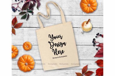 Fall Tote Bag Mock Up, Autumn Thanksgiving White Blank Canvas Tote