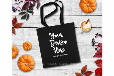 Fall Tote Bag Mock Up, Autumn Thanksgiving Black Blank Canvas Tote