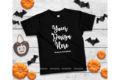 Halloween Kids Black Tshirt Mockup, Fall T-shirt Flat Lay