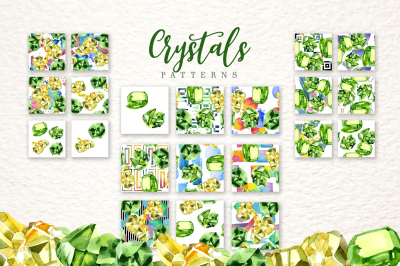 Aquarelle yellow and green crystal PNG set