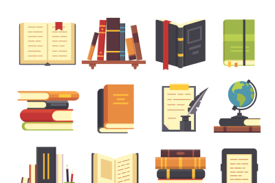 Flat books icons. Magazines with bookmark, history and open science bo