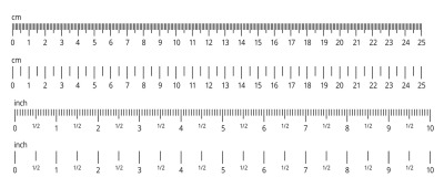 Inch and metric rulers. Centimeters and inches measuring scale. Precis