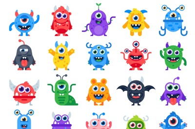 Cute cartoon monsters. Comic halloween joyful monster characters. Funn