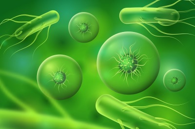 Realistic bacteria and cells. Green microscopic biology or micro natur