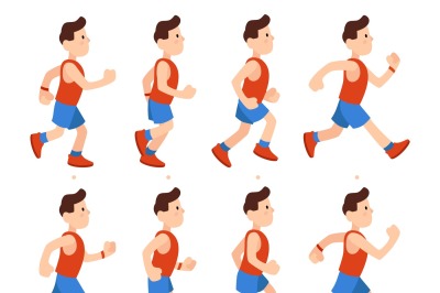 Flat running man. Athletic boy run animation frames sequence. Runner m