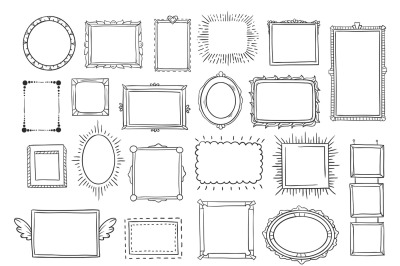 Hand drawn frames. Vintage doodle sketch picture frame. Blank black sq