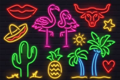 Retro fashion neon sign. Glowing fluorescent cactus, pink flamingo and