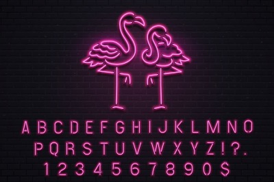 Flamingo neon sign. Pink 80s font. Tropical flamingos electric glow ba