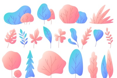 Minimal flat leaves with gradients. Color gradation trees, bushes and 