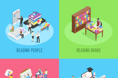 Isometric books reading. Educated people, school child studying school