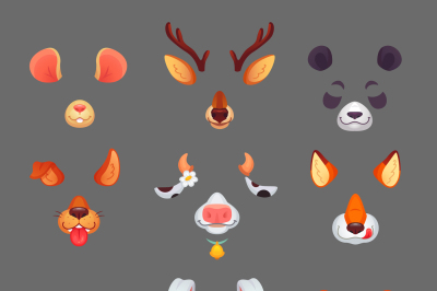 Animals for phone app. Funny animal filter masks with ears and noses. 