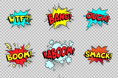 Comic speech bubbles. Cartoon explosions text balloons. Wtf bang ouch 