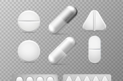 Pills 3d set. White tablet, drug and pill. Medicine close-up capsules 