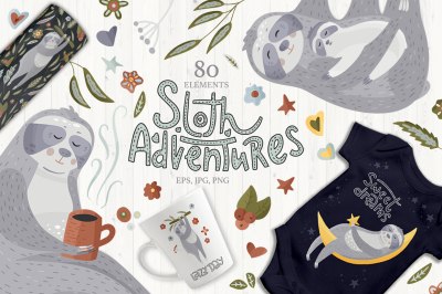 Sloth Adventures. Big graphic set.