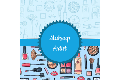 Vector illustration hand drawn makeup and skincare background 