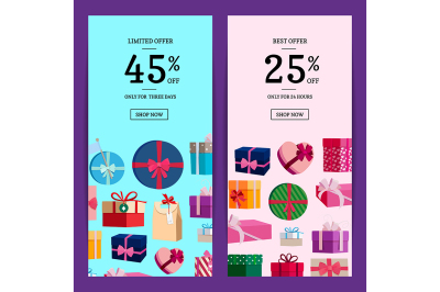 Vector vertical sale banner templates with gift boxes