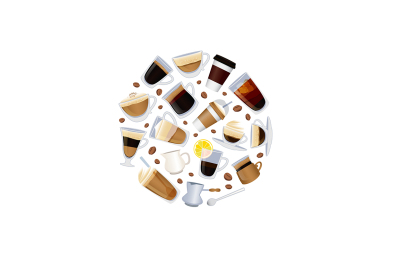 Vector different types of coffee with beans illustration