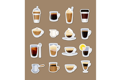 Vector coffee types stickers isolated