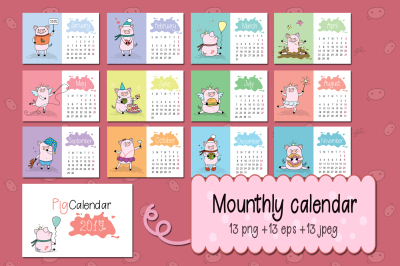Calendar for Year 2019 with pigs