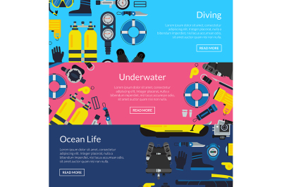Vector underwater diving horizontal banner templates