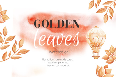 Golden leaves. Watercolor elements.