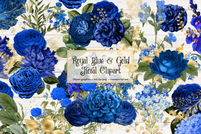 Royal Blue and Gold Floral Clipart