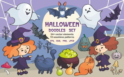 Halloween doodles set. Vector clip arts and seamless patterns