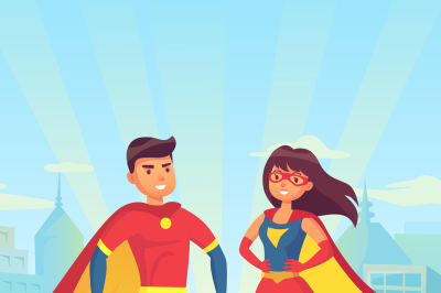 Super heroes. Comic couple superhero, cartoon man and woman in red clo