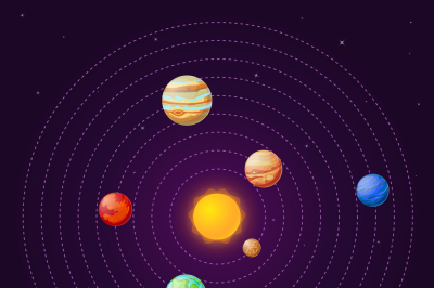 Solar system. Cartoon sun and planets on starry sky. Sun system school