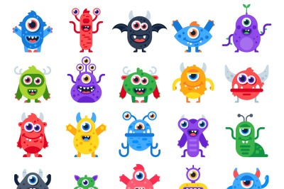 Cartoon monster. Cute happy monsters, halloween mascots and funny muta