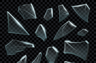 Realistic shattered glass. Transparent broken pieces of cracked glassf