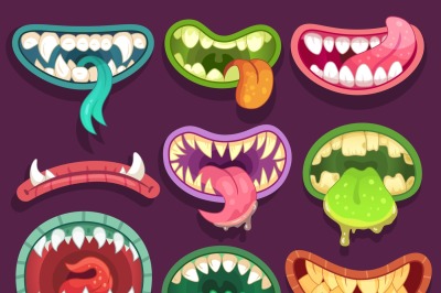 Monsters mouths. Halloween scary monster teeth and tongue in mouth. Fu