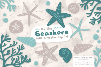 Seashore Shells &amp; Coral Clipart in Vintage Blue