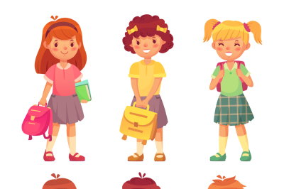 Primary school kids. Cartoon children pupils with backpack and books. 