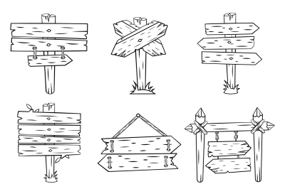 Doodle wood signs. Hand drawn wooden signpost and arrows sketch. Retro