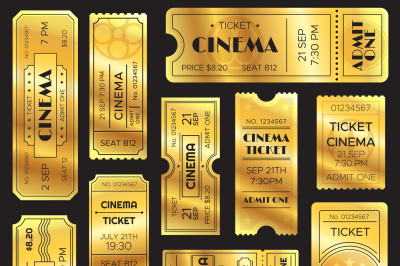 Realistic golden show ticket. Old premium cinema entrance tickets. Gol