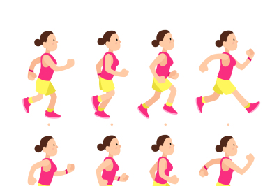 Cartoon running girl animation. Athletic young woman character run or 