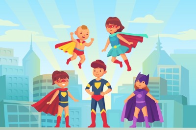 Superhero kids team. Comic hero kid in super costume with cloak on urb