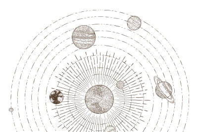 Solar system planets orbits. Hand drawn sketch planet earth orbit arou