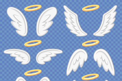 Cartoon angel wings. Holy angelic nimbus and angels wing. Flying winge