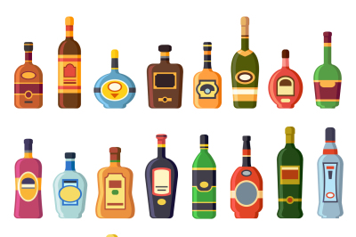 Alcohol bottles. Alcoholic liquor drink bottle with vodka, cognac and 