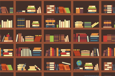 Books in bookcase seamless pattern. School book, science textbook and 