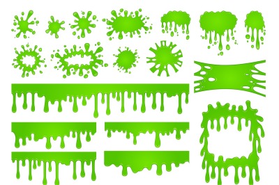 Cartoon liquid slime. Green goo paint drops, spooky splash border and 