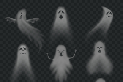 Realistic ghost. Scary halloween apparition face, ghostly phantom fly 